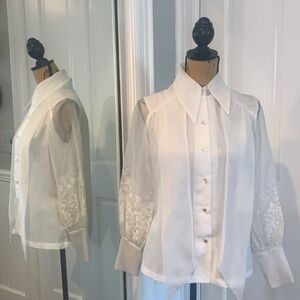 Vintage Lee Mar Pageant Sheer Puffy Lace Sleeve Chiffon High Neck Tie Blouse 10